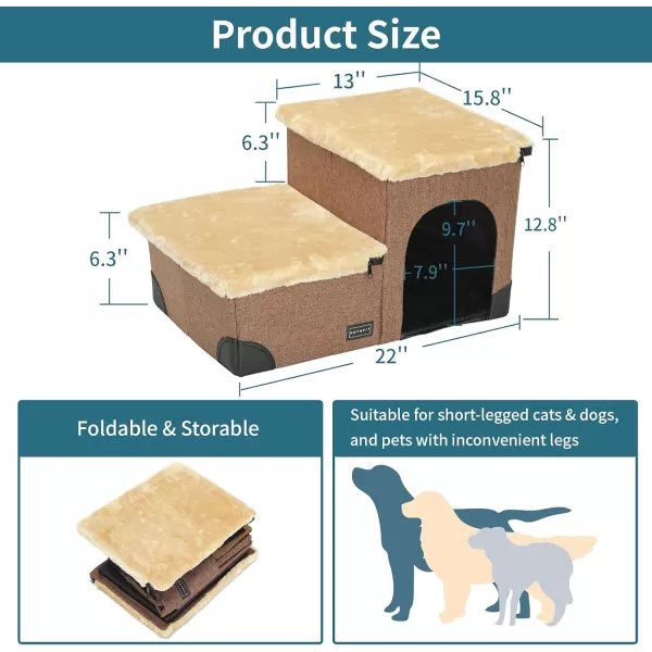 Petsfit Cat Steps 3 in 1 MultiUse with Storage Room Dog Lounge Design Washable and Removable NonSlip Fleece Cover Dog Steps for Bed Gray LinenBrown2Steps