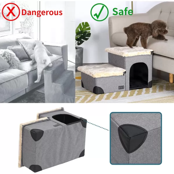 Petsfit Cat Steps 3 in 1 MultiUse with Storage Room Dog Lounge Design Washable and Removable NonSlip Fleece Cover Dog Steps for Bed Gray LinenGray2Steps