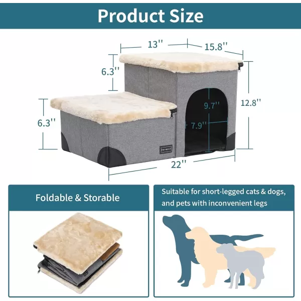 Petsfit Cat Steps 3 in 1 MultiUse with Storage Room Dog Lounge Design Washable and Removable NonSlip Fleece Cover Dog Steps for Bed Gray LinenGray2Steps