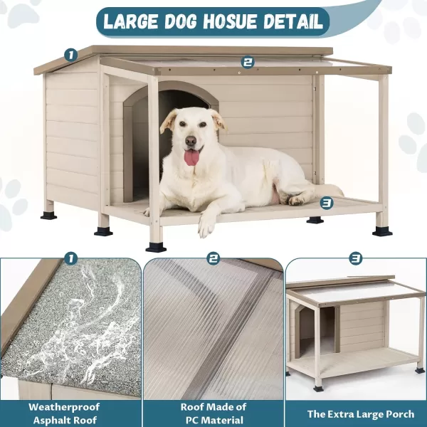 Petsfit Dog House Outdoor 49 Large Dog House with ExtraLarge Porch Cabin Style Big Dog House with PVCAsphalt Roof Dog Houses for Large Dogs Outside OffWhite435L41W28H