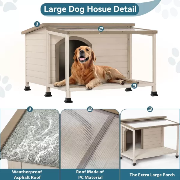 Petsfit Dog House Outdoor 49 Large Dog House with ExtraLarge Porch Cabin Style Big Dog House with PVCAsphalt Roof Dog Houses for Large Dogs Outside OffWhite4902L4331W313H