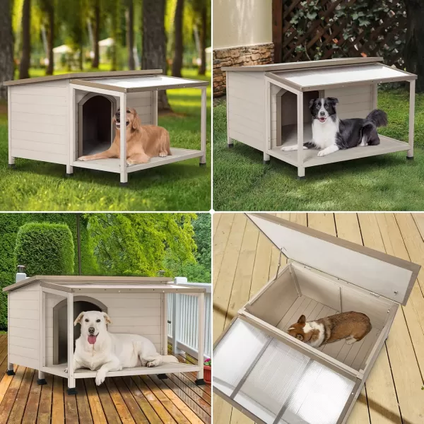 Petsfit Dog House Outdoor 49 Large Dog House with ExtraLarge Porch Cabin Style Big Dog House with PVCAsphalt Roof Dog Houses for Large Dogs Outside OffWhite435L41W28H