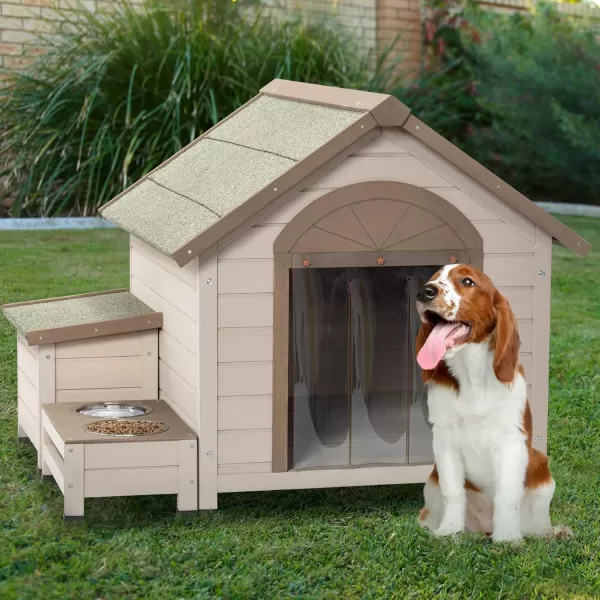 Petsfit Dog House Outdoor 49 Large Dog House with ExtraLarge Porch Cabin Style Big Dog House with PVCAsphalt Roof Dog Houses for Large Dogs Outside OffWhite41L x 36W x 32H