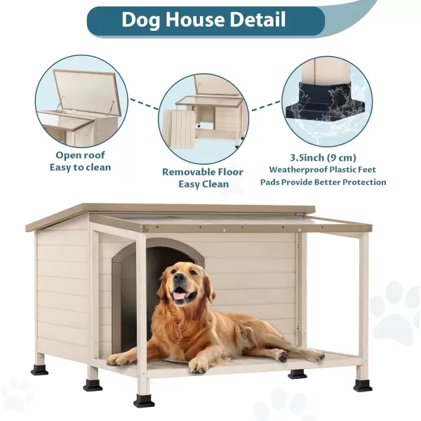 Petsfit Dog House Outdoor 49 Large Dog House with ExtraLarge Porch Cabin Style Big Dog House with PVCAsphalt Roof Dog Houses for Large Dogs Outside OffWhite4902L4331W313H