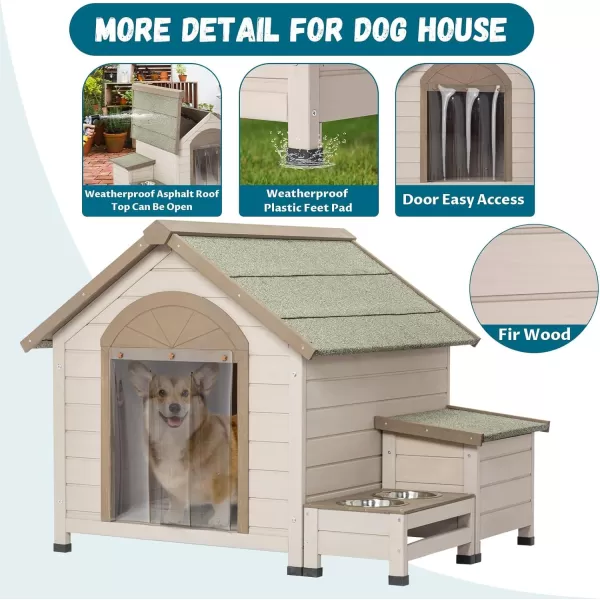 Petsfit Dog House Outdoor 49 Large Dog House with ExtraLarge Porch Cabin Style Big Dog House with PVCAsphalt Roof Dog Houses for Large Dogs Outside OffWhite41L x 36W x 32H