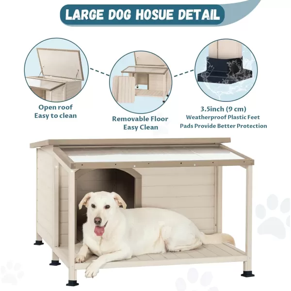 Petsfit Dog House Outdoor 49 Large Dog House with ExtraLarge Porch Cabin Style Big Dog House with PVCAsphalt Roof Dog Houses for Large Dogs Outside OffWhite435L41W28H