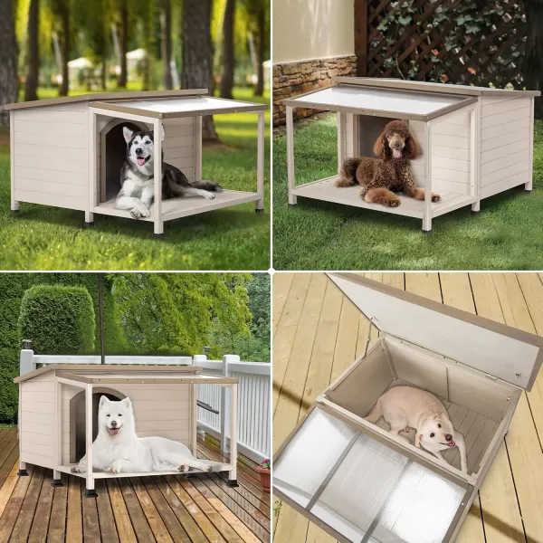 Petsfit Dog House Outdoor 49 Large Dog House with ExtraLarge Porch Cabin Style Big Dog House with PVCAsphalt Roof Dog Houses for Large Dogs Outside OffWhite4902L4331W313H