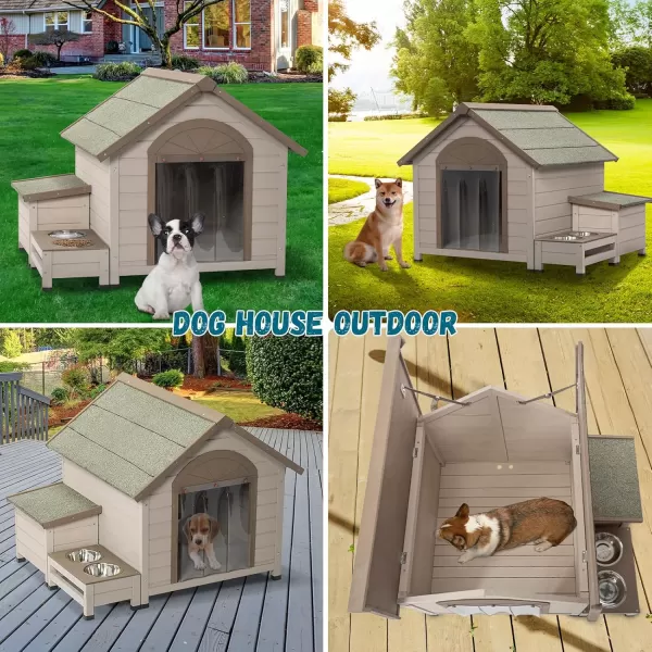 Petsfit Dog House Outdoor 49 Large Dog House with ExtraLarge Porch Cabin Style Big Dog House with PVCAsphalt Roof Dog Houses for Large Dogs Outside OffWhite41L x 36W x 32H