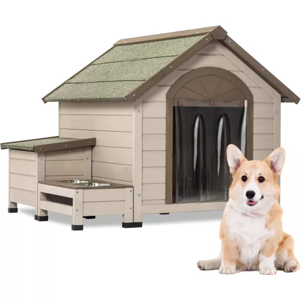 Petsfit Dog House Outdoor 49 Large Dog House with ExtraLarge Porch Cabin Style Big Dog House with PVCAsphalt Roof Dog Houses for Large Dogs Outside OffWhite41L x 36W x 32H