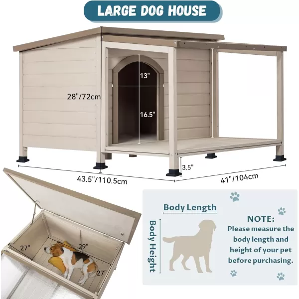 Petsfit Dog House Outdoor 49 Large Dog House with ExtraLarge Porch Cabin Style Big Dog House with PVCAsphalt Roof Dog Houses for Large Dogs Outside OffWhite435L41W28H