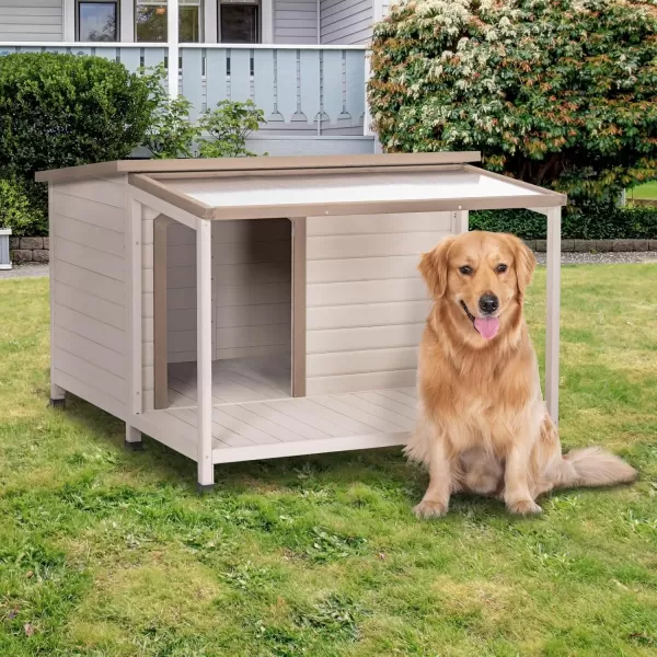 Petsfit Dog House Outdoor 49 Large Dog House with ExtraLarge Porch Cabin Style Big Dog House with PVCAsphalt Roof Dog Houses for Large Dogs Outside OffWhite4902L4331W313H