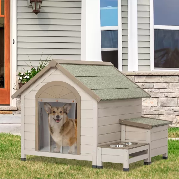 Petsfit Dog House Outdoor 49 Large Dog House with ExtraLarge Porch Cabin Style Big Dog House with PVCAsphalt Roof Dog Houses for Large Dogs Outside OffWhite41L x 36W x 32H