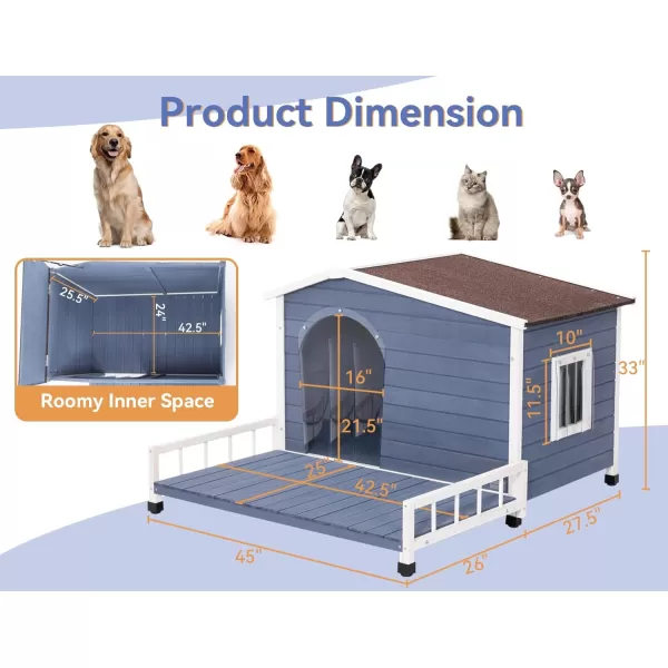 Petsfit Dog House Outdoor with Terrace ampamp Openable Asphalt Roof 40quot L x 47quot W x 285quot H Outside Dog House with Elevated Floor Dog House for Small Medium DogsA54 BlueOutdoor Use