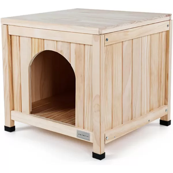 Petsfit Dog House Outdoor with Terrace ampamp Openable Asphalt Roof 40quot L x 47quot W x 285quot H Outside Dog House with Elevated Floor Dog House for Small Medium DogsC197 Natural Wood