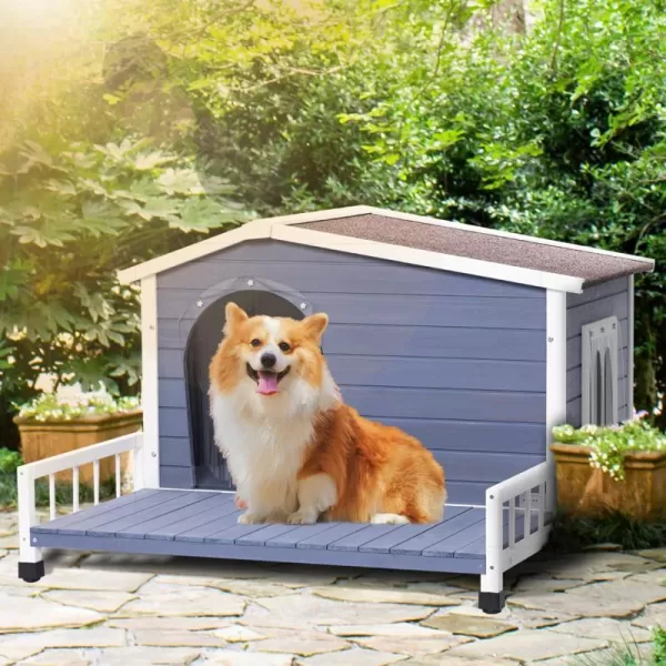 Petsfit Dog House Outdoor with Terrace ampamp Openable Asphalt Roof 40quot L x 47quot W x 285quot H Outside Dog House with Elevated Floor Dog House for Small Medium DogsA47 BlueOutdoor Use