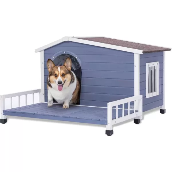 Petsfit Dog House Outdoor with Terrace ampamp Openable Asphalt Roof 40quot L x 47quot W x 285quot H Outside Dog House with Elevated Floor Dog House for Small Medium DogsC54 BlueOutdoor Use