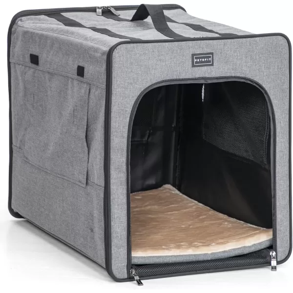 PETSFIT Portable Dog Kennel Chewproof Design Breathable ampamp Collapsible Dog Crate Indoor and Outdoor Use with Thicken Mat 31 Inch Navy BlueGrey Adjustable Mesh Door