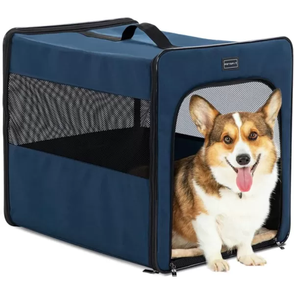 PETSFIT Portable Dog Kennel Chewproof Design Breathable ampamp Collapsible Dog Crate Indoor and Outdoor Use with Thicken Mat 31 Inch Navy BlueNavy Blue