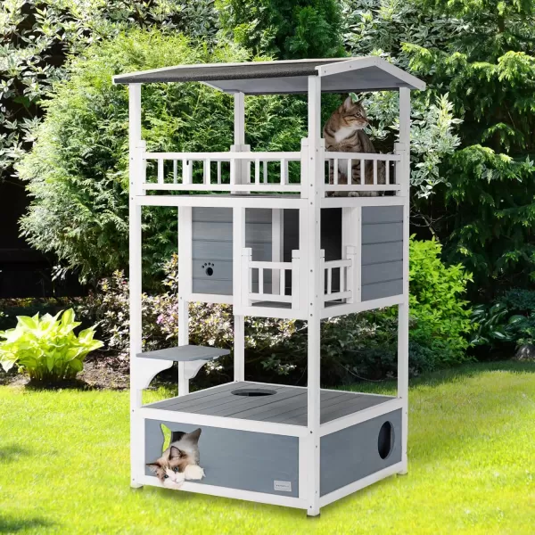 Petsfit 4Level Outdoor Cat House with Sun Deck Cozy Sleeping Quarters Jumping Platform and Play Area  Cat Condo Perfect for Cats Light Blue4 Stroy Blue