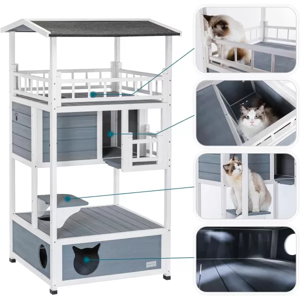 Petsfit 4Level Outdoor Cat House with Sun Deck Cozy Sleeping Quarters Jumping Platform and Play Area  Cat Condo Perfect for Cats Light Blue4 Stroy Blue