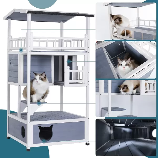 Petsfit 4Level Outdoor Cat House with Sun Deck Cozy Sleeping Quarters Jumping Platform and Play Area  Cat Condo Perfect for Cats Light Blue4 StroyLight Blue