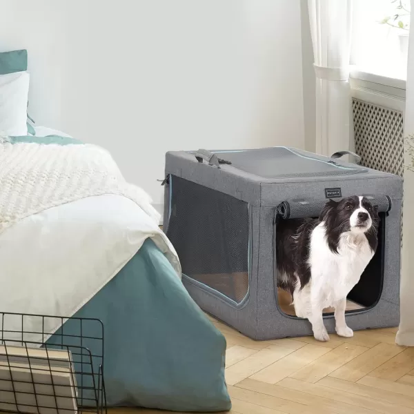 Petsfit Collapsible Dog Crate Adjustable Design 395inch Large Dog Kennel with Chew Proof Mesh Windows ampamp Thicken Mat Ideal for Indoor ampamp Outdoor Travel Light GreyGreyWith Mat