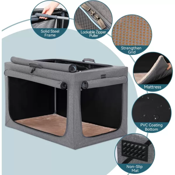 Petsfit Collapsible Dog Crate Adjustable Design 395inch Large Dog Kennel with Chew Proof Mesh Windows ampamp Thicken Mat Ideal for Indoor ampamp Outdoor Travel Light GreyGreyWith Mat