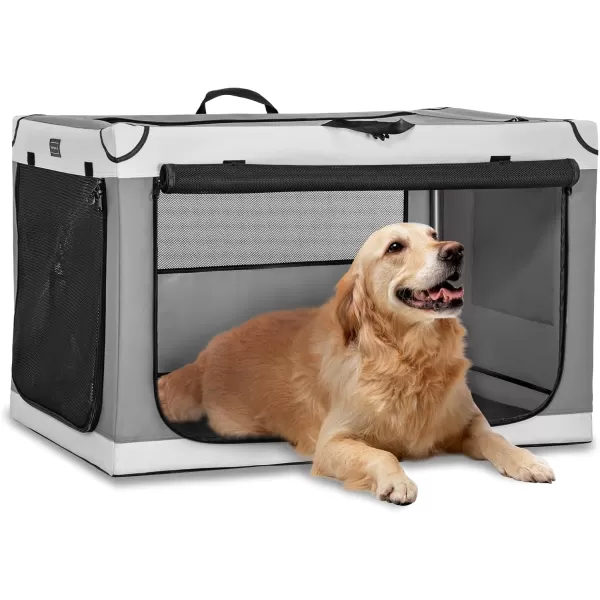 Petsfit Collapsible Dog Crate Adjustable Design 395inch Large Dog Kennel with Chew Proof Mesh Windows ampamp Thicken Mat Ideal for Indoor ampamp Outdoor Travel Light GreyLight GrayWith Mat