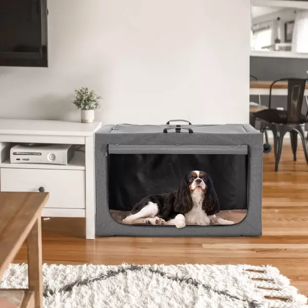 Petsfit Collapsible Dog Crate Adjustable Design 395inch Large Dog Kennel with Chew Proof Mesh Windows ampamp Thicken Mat Ideal for Indoor ampamp Outdoor Travel Light GreyGreyWith Mat