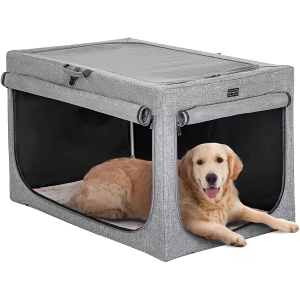 Petsfit Collapsible Dog Crate Adjustable Design 395inch Large Dog Kennel with Chew Proof Mesh Windows ampamp Thicken Mat Ideal for Indoor ampamp Outdoor Travel Light GreyDark GreyWith Mat