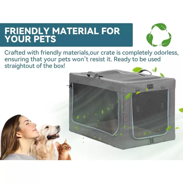 Petsfit Collapsible Dog Crate Adjustable Design 395inch Large Dog Kennel with Chew Proof Mesh Windows ampamp Thicken Mat Ideal for Indoor ampamp Outdoor Travel Light GreyGreyWith Mat
