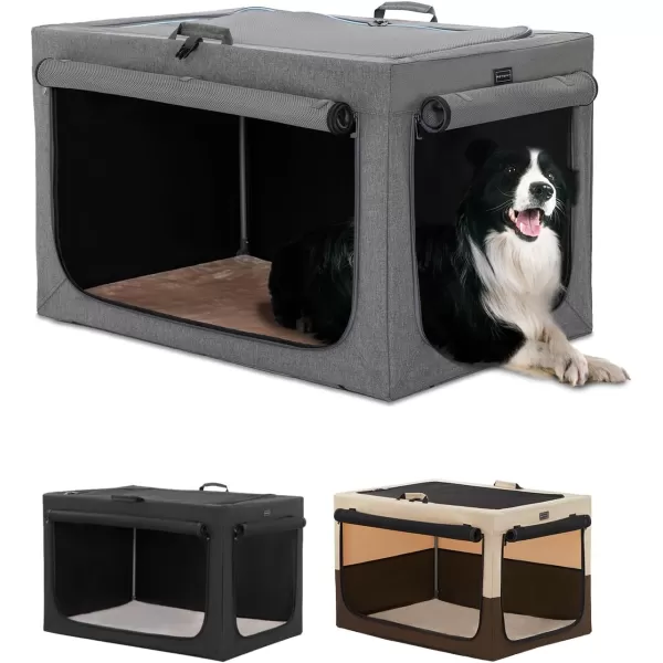 Petsfit Collapsible Dog Crate Adjustable Design 395inch Large Dog Kennel with Chew Proof Mesh Windows ampamp Thicken Mat Ideal for Indoor ampamp Outdoor Travel Light GreyGreyWith Mat