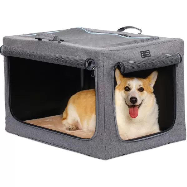 Petsfit Collapsible Dog Crate Adjustable Design 395inch Large Dog Kennel with Chew Proof Mesh Windows ampamp Thicken Mat Ideal for Indoor ampamp Outdoor Travel Light GreyGreyWith Mat