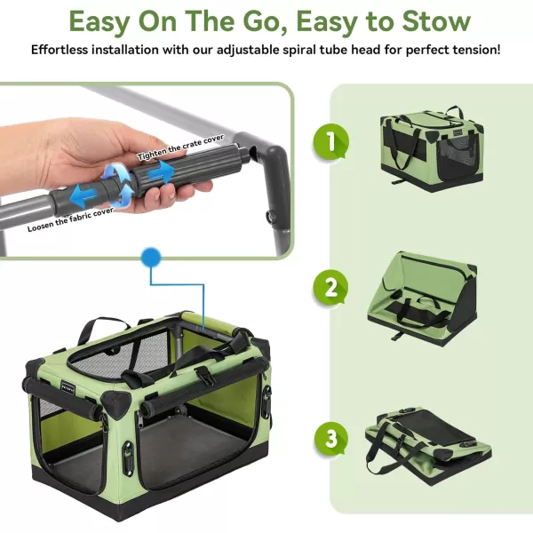 Petsfit Collapsible Dog Crate Adjustable Design 395inch Large Dog Kennel with Chew Proof Mesh Windows ampamp Thicken Mat Ideal for Indoor ampamp Outdoor Travel Light GreyGreenWith Mat