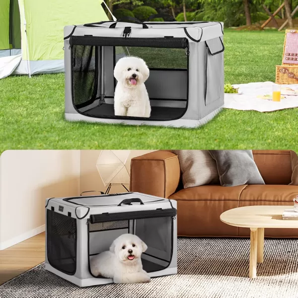 Petsfit Collapsible Dog Crate Adjustable Design 395inch Large Dog Kennel with Chew Proof Mesh Windows ampamp Thicken Mat Ideal for Indoor ampamp Outdoor Travel Light GreyLight GrayWith Mat