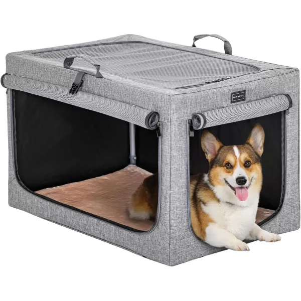 Petsfit Collapsible Dog Crate Adjustable Design 395inch Large Dog Kennel with Chew Proof Mesh Windows ampamp Thicken Mat Ideal for Indoor ampamp Outdoor Travel Light GreyDark GreyWith Mat