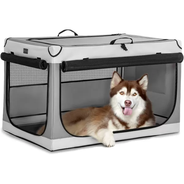 Petsfit Collapsible Dog Crate Adjustable Design 395inch Large Dog Kennel with Chew Proof Mesh Windows ampamp Thicken Mat Ideal for Indoor ampamp Outdoor Travel Light GreyLight GrayWith Mat