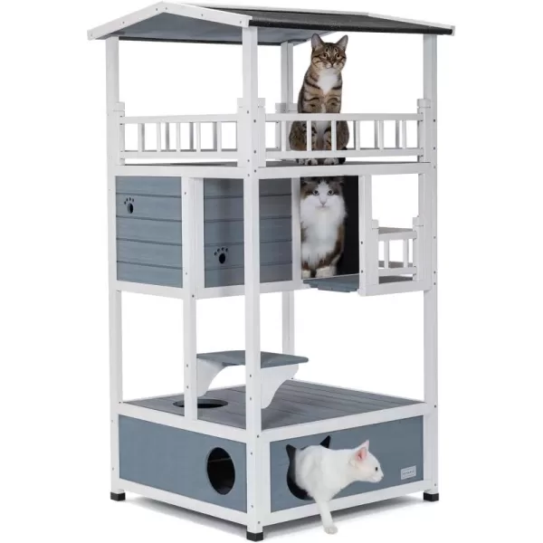 Petsfit 4Level Outdoor Cat House with Sun Deck Cozy Sleeping Quarters Jumping Platform and Play Area  Cat Condo Perfect for Cats Light Blue4 Stroy Blue