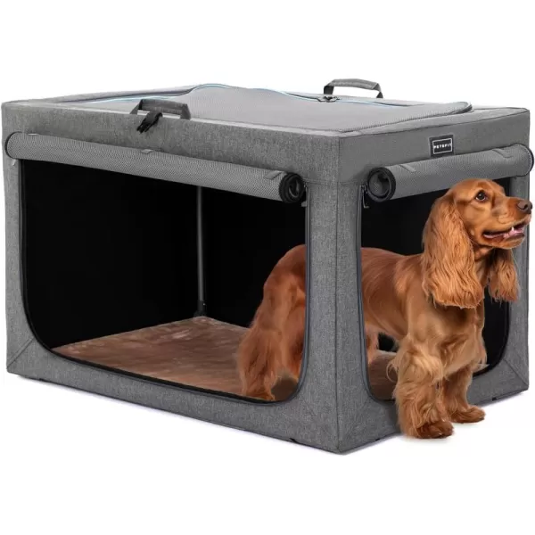 Petsfit Collapsible Dog Crate Adjustable Design 395inch Large Dog Kennel with Chew Proof Mesh Windows ampamp Thicken Mat Ideal for Indoor ampamp Outdoor Travel Light GreyGrey AWith Mat