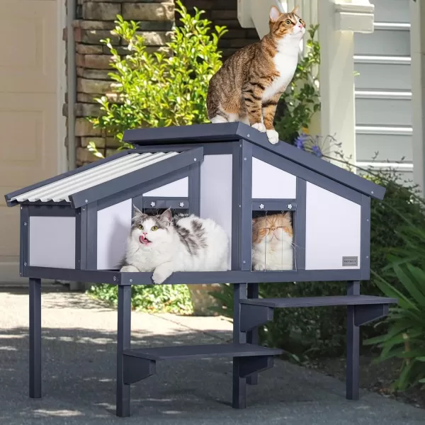 imageOutdoor Cat House for Multiple Cats Insulated Feral Cat Shelter for Large Cat Enclosure Wooden Cat Condos with PVC Door Curtains