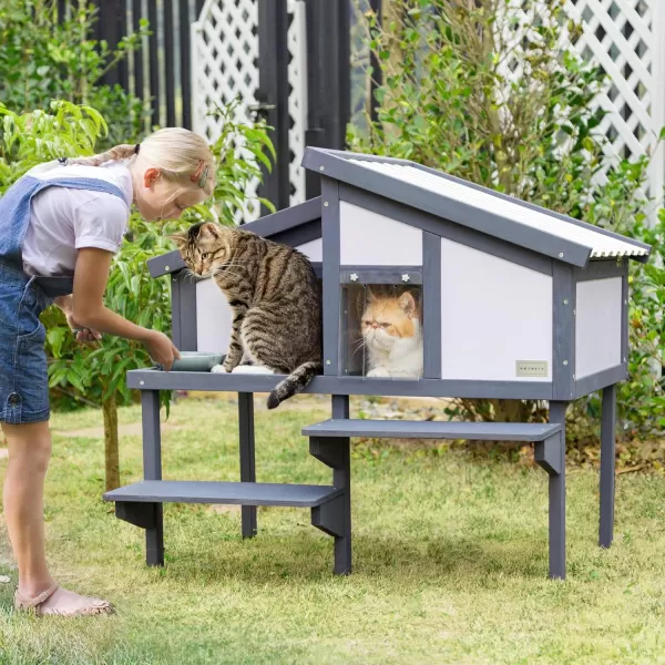 imageOutdoor Cat House for Multiple Cats Insulated Feral Cat Shelter for Large Cat Enclosure Wooden Cat Condos with PVC Door Curtains