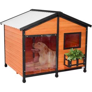 imagePetsfit Large Dog House Outdoor Wooden Shelter for Extra Large Breeds Up to 200lbs Weatherproof Roof Removable Bottom Panel ampamp Elevated Floor 47Inch Natural Brown47Brown Upgrade