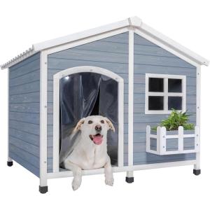 imagePetsfit Large Dog House Outdoor Wooden Shelter for Extra Large Breeds Up to 200lbs Weatherproof Roof Removable Bottom Panel ampamp Elevated Floor 47Inch Natural Brown47 Grey  Upgrade