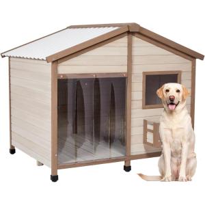 imagePetsfit Large Dog House Outdoor Wooden Shelter for Extra Large Breeds Up to 200lbs Weatherproof Roof Removable Bottom Panel ampamp Elevated Floor 47Inch Natural Brown47Off White Upgrade