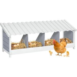 imagePETSFIT 2 Holes Chicken Nesting BoxAll Weather PVC Roof Natural Wood Design with Privacy Back Panel for HensWall Mounted or Floor Use in Coops Farms BackyardsEasy to Assemble and CleanPVC Quadruple