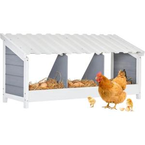 imagePETSFIT 2 Holes Chicken Nesting BoxAll Weather PVC Roof Natural Wood Design with Privacy Back Panel for HensWall Mounted or Floor Use in Coops Farms BackyardsEasy to Assemble and CleanPVC Triple with Back Panel