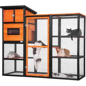 imagePETSFIT Large Catio Outdoor Cat Enclosure with Waterproof PVC Roof 4 Larger Platforms and 2 Private Resting Rooms Orange Large Cat Catio Outdoor Spacious Shelter for CatsKitties ampamp Small Animal