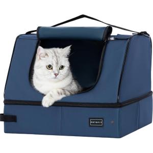imagePETSFIT Portable Travel Cat Litter Box  Collapsible 2Layer LeakProof Washable Liner with Sturdy Support Frame for HotelCarCamping Cat Travel Essentials for KittyMedium Cats Solid BlackNavy Bluewith lid