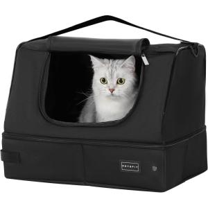 imagePETSFIT Portable Travel Cat Litter Box  Collapsible 2Layer LeakProof Washable Liner with Sturdy Support Frame for HotelCarCamping Cat Travel Essentials for KittyMedium Cats Solid BlackBlackwith lid