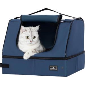 imagePETSFIT Portable Travel Cat Litter Box  Collapsible 2Layer LeakProof Washable Liner with Sturdy Support Frame for HotelCarCamping Cat Travel Essentials for KittyMedium Cats Solid BlackLight Bluewith lid